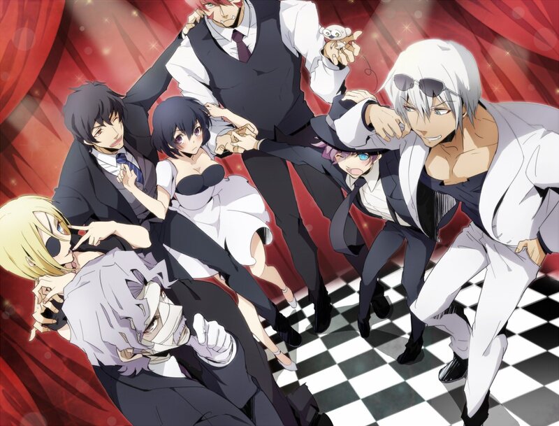 Group of Anime Characters — Black, Dramatic, Suits, Checkered Floor