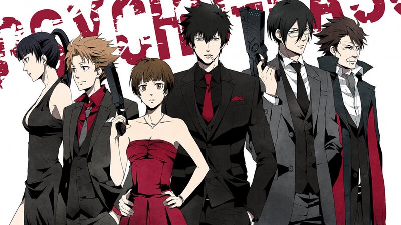 Group of Anime Characters — Black, Dramatic, Suits, Guns, Red Dress