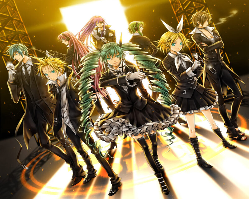 Group of Anime Characters — Black, Dramatic, Suits, Stage Lights