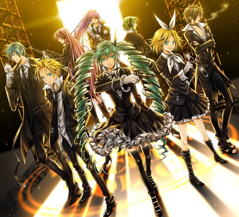Group of Anime Characters — Black, Dramatic, Suits, Stage Lights, Wings