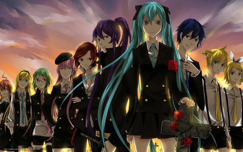 Group of Anime Characters — Black, Dramatic, Sunset, School Uniforms