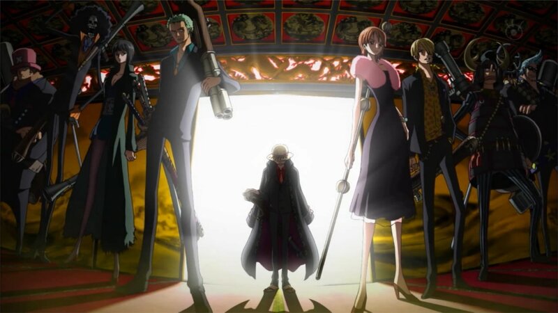 Group of Anime Characters — Black, Dramatic, Swords, Gun