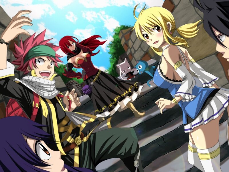 Group of Anime Characters — Blue, Action, Afternoon