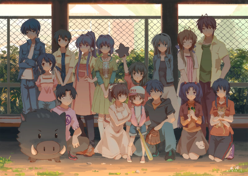 Group of Anime Characters — Blue, Calm, Afternoon, Pig-like Creature