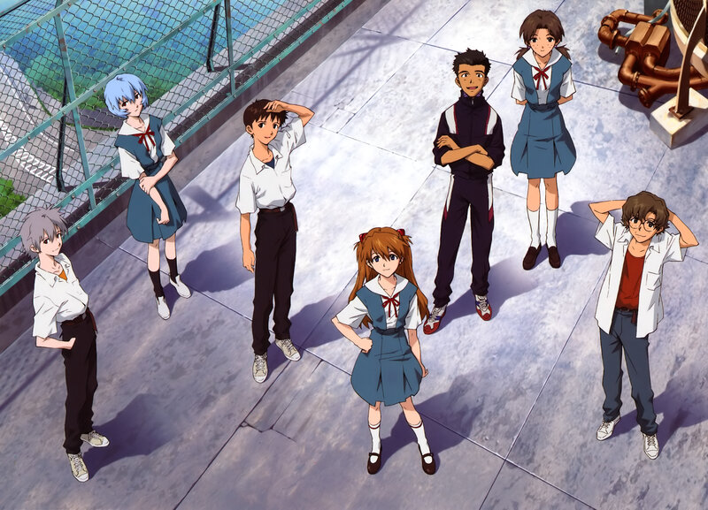 Group of Anime Characters — Blue, Calm, Afternoon, School Uniforms, Rooftop, Fence