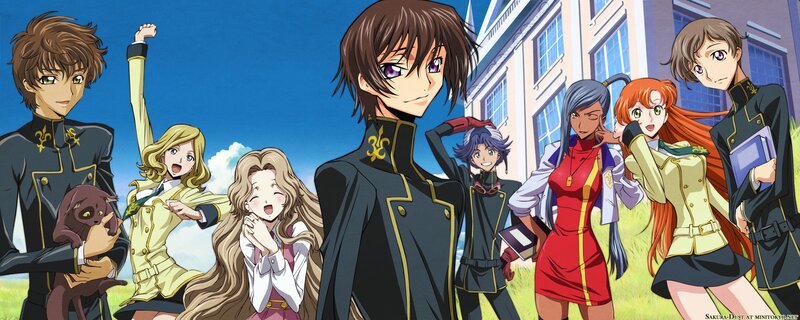 Group of Anime Characters — Blue, Cheerful, Afternoon, School Building