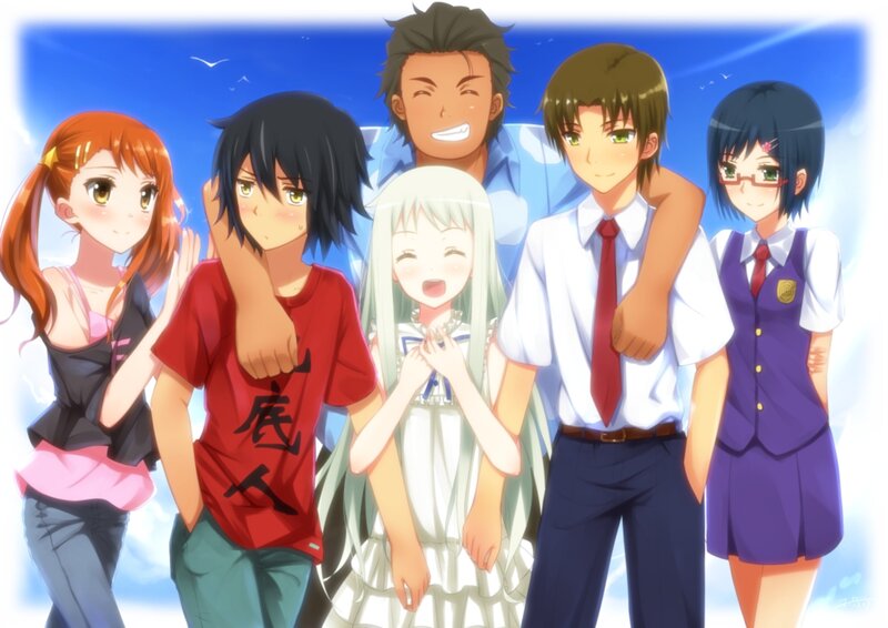 Group of Anime Characters — Blue, Cheerful, Afternoon, School Uniform