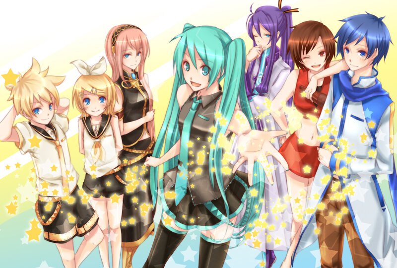 Group of Anime Characters — Blue, Cheerful, Digital Art, Stars