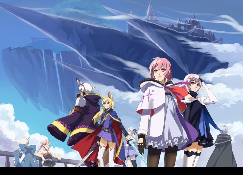 Group of Anime Characters — Blue, Dramatic, Afternoon, Castle, Clouds