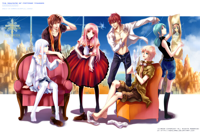 Group of Anime Characters — Blue, Dramatic, Afternoon, Cityscape