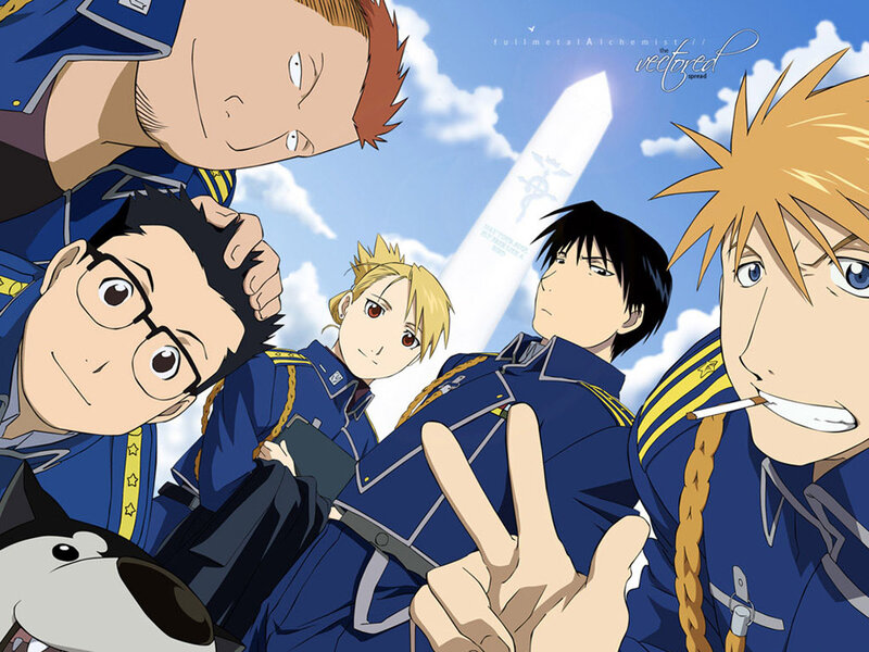 Group of Anime Characters — Blue, Dramatic, Afternoon, Uniforms, Sword