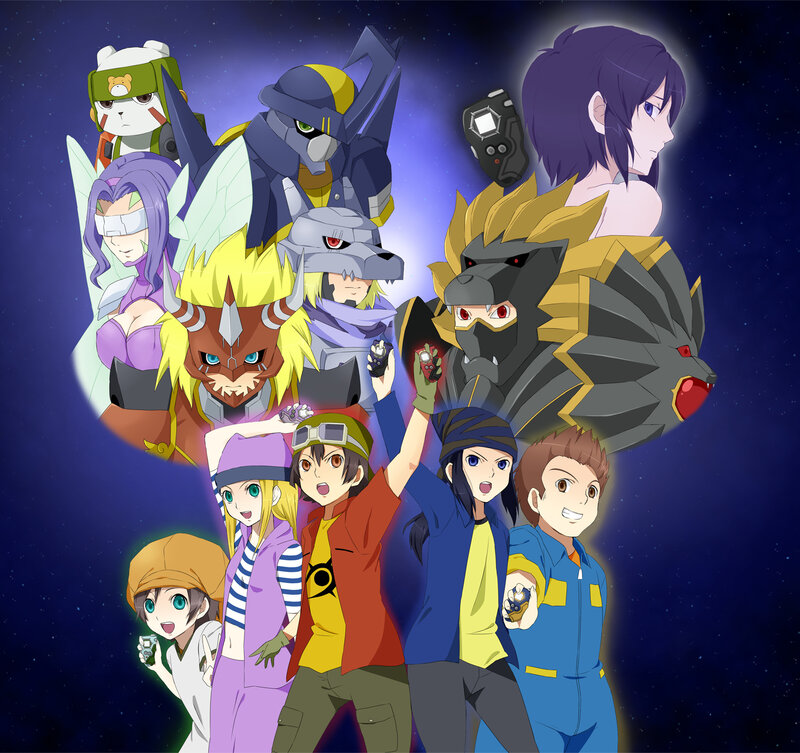 Group of Anime Characters — Blue, Dramatic, Night, Digital Devices