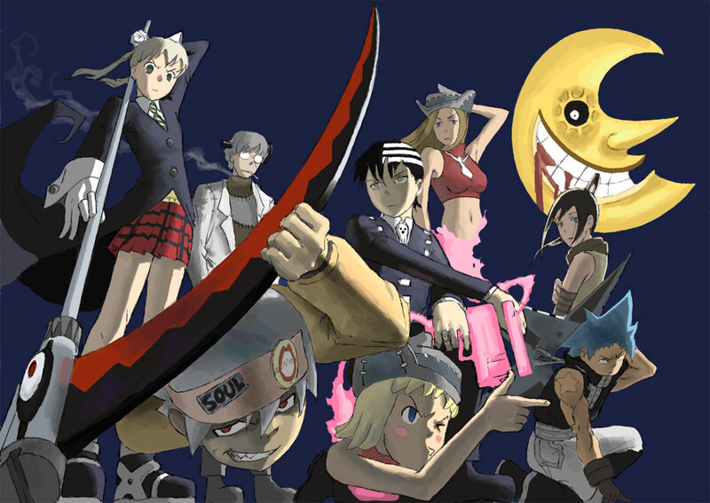 Group of Anime Characters — Blue, Dramatic, Night, Moon