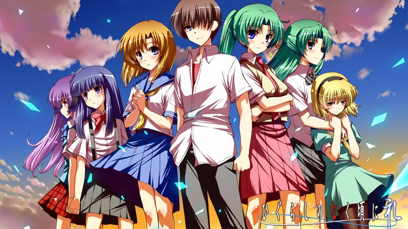 Group of Anime Characters — Blue, Dramatic, Sunset, School Uniforms