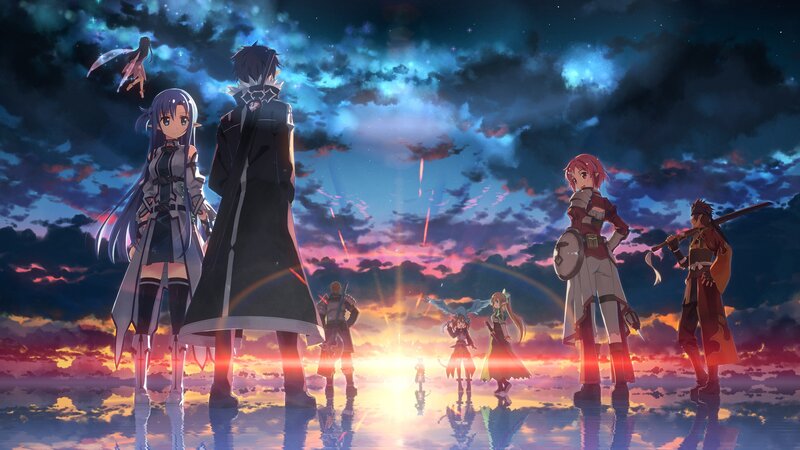 Group of Anime Characters — Blue, Dramatic, Sunset, Sword, Shield