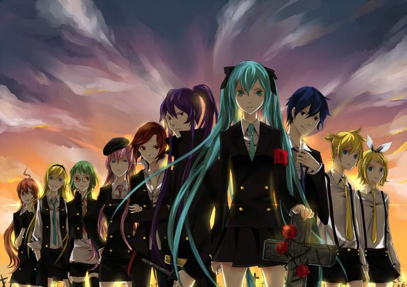Group of Anime Characters — Blue, Dramatic, Sunset