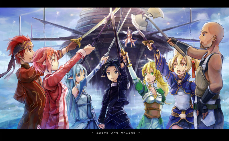 Group of Anime Characters — Blue, Dramatic, Swords, Fantasy Ship