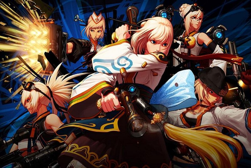 Group of Anime Characters — Blue, Dramatic, Weapons