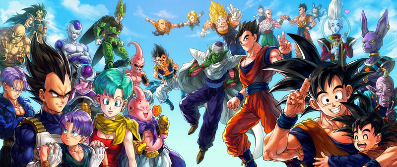 Group of Anime Characters — Blue, Energetic, Afternoon, Manga, Sky, Action