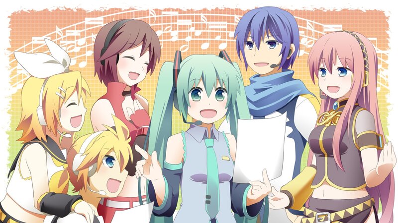 Group of Anime Characters — Blue, Happy, Music Notes
