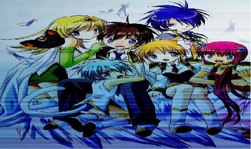 Group of Anime Characters — Blue, Playful, Feather