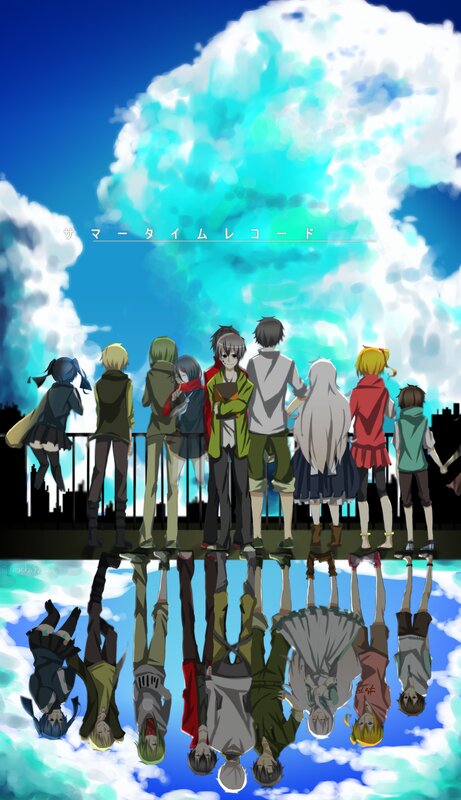 Group of Anime Characters — Blue, Serene, Afternoon, Clouds, Reflection