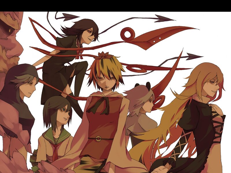 Group of Anime Characters — Brown, Dramatic, Red Ribbons