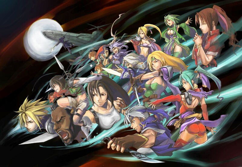Group of Anime Characters — Green, Dramatic, Night, Sword