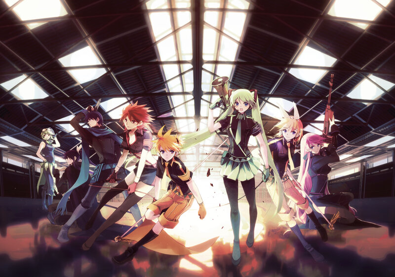 Group of Anime Characters — Green, Dramatic, Weapons, Mecha