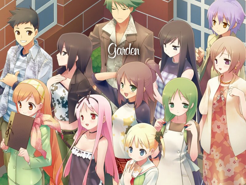 Group of anime characters in a garden