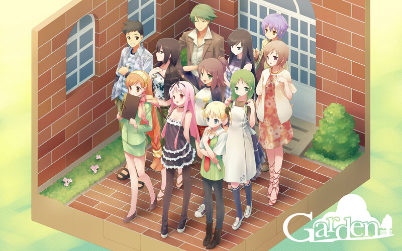 group of anime characters in garden