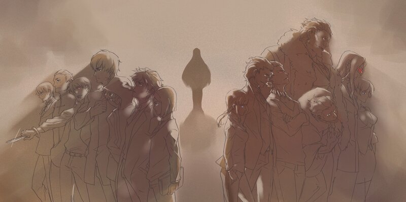 Group of anime characters in shadow