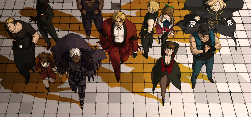 Group of anime characters on a tiled floor