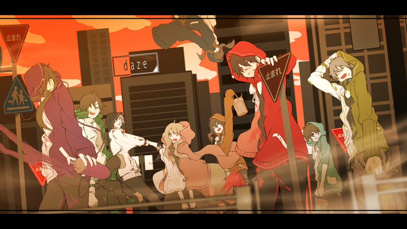 Group of Anime Characters — Orange, Chaotic, Sunset