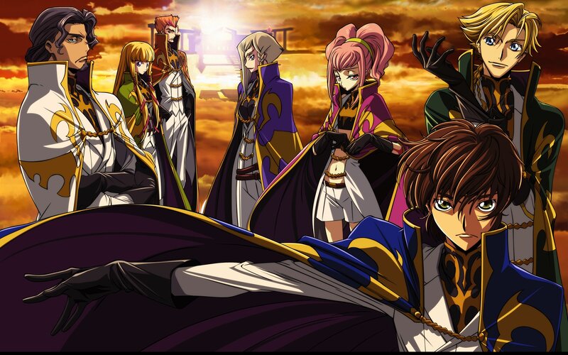 Group of Anime Characters — Orange, Dramatic, Sunset, Castle