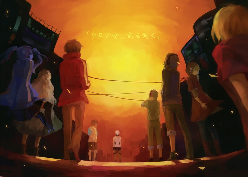 Group of Anime Characters — Orange, Dramatic, Sunset, Digital Art