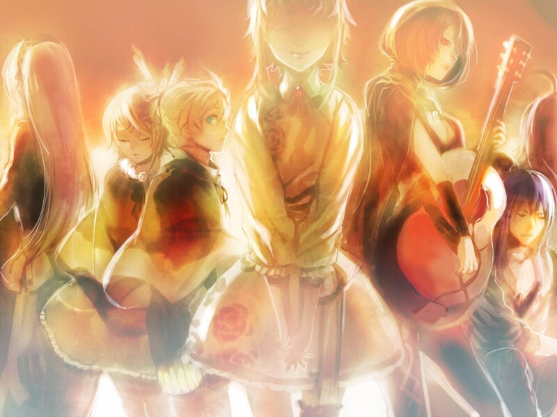 Group of Anime Characters — Orange, Dramatic, Sunset, Guitar