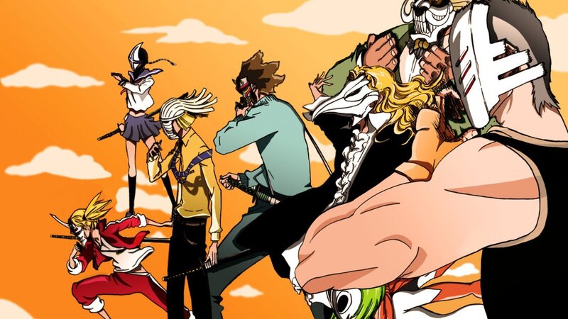Group of Anime Characters — Orange, Dramatic, Sunset, Masks