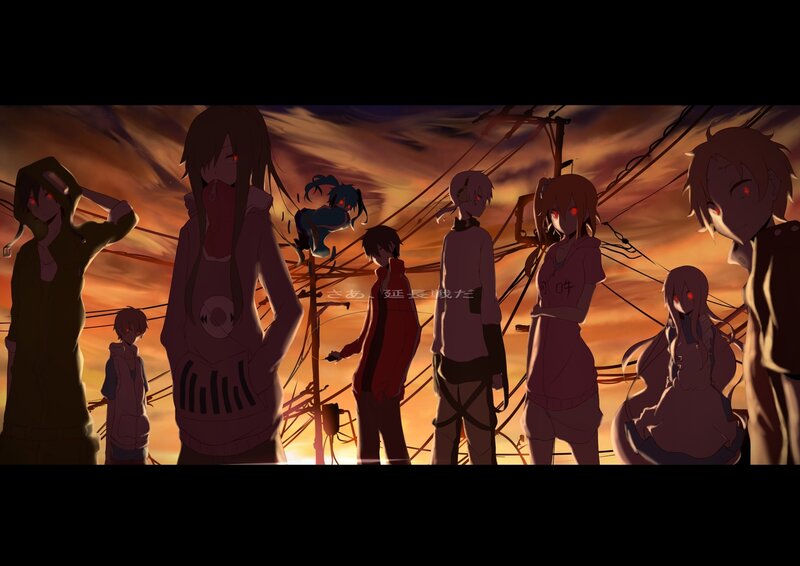 Group of Anime Characters — Orange, Dramatic, Sunset, Power Lines