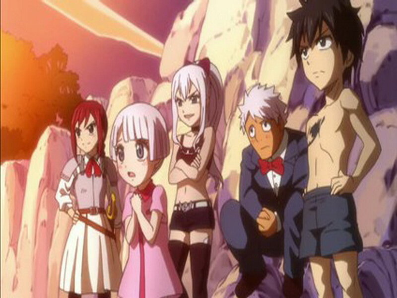 Group of Anime Characters — Orange, Dramatic, Sunset, Rocks