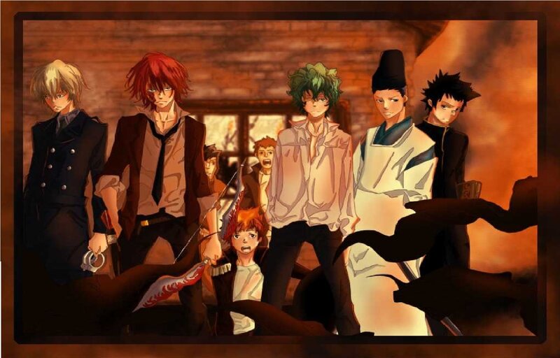 Group of Anime Characters — Orange, Dramatic, Sword