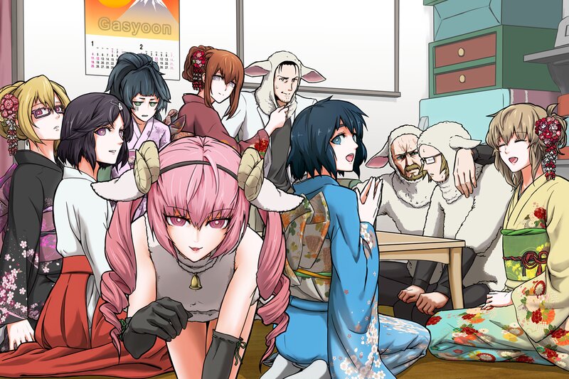 Group of Anime Characters — Pink, Chaotic, Kimonos