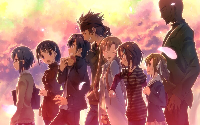 Group of Anime Characters — Pink, Dramatic, Sunset, Anime Art