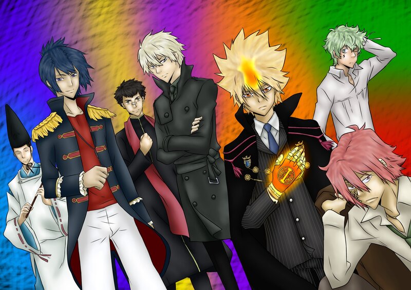 Group of Anime Characters — Purple, Dramatic, Manga, Rainbow Background