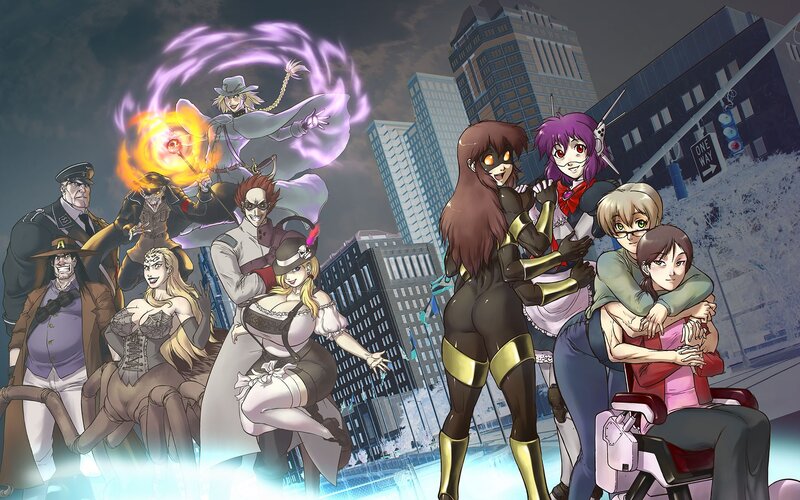 Group of Anime Characters — Purple, Dramatic, Night, Cityscape, Magic Spell