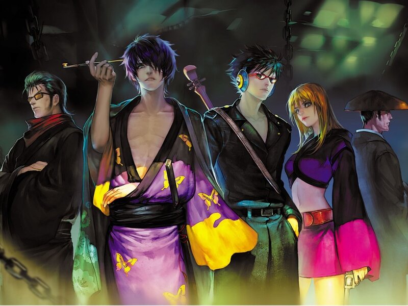 Group of Anime Characters — Purple, Dramatic, Night, Kimono