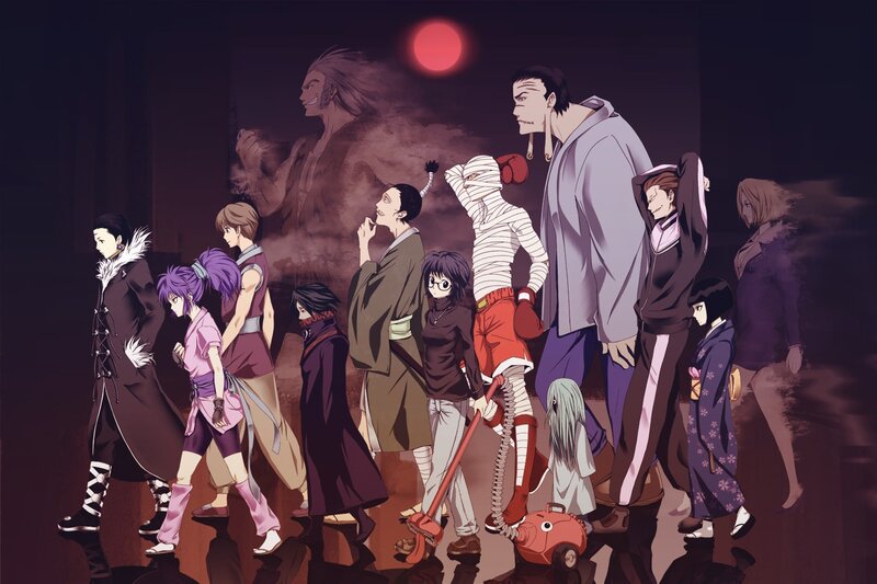 Group of Anime Characters — Purple, Dramatic, Night, Red Sun