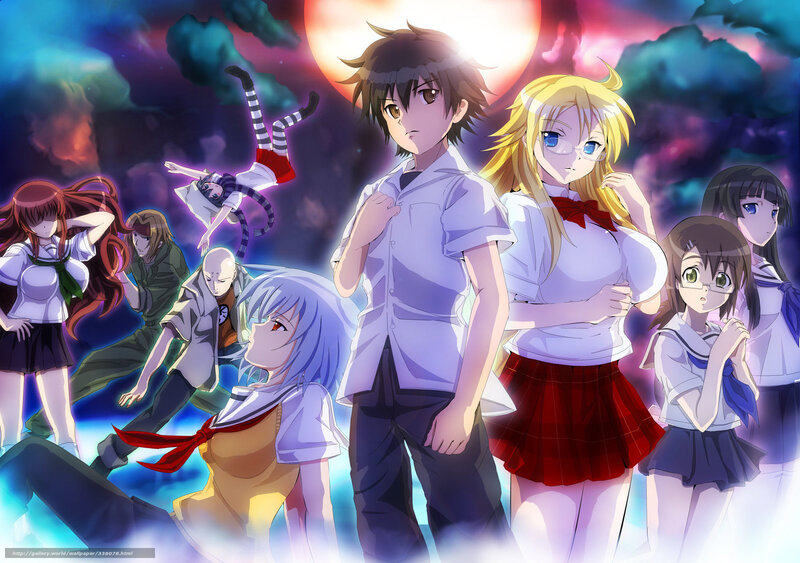 Group of Anime Characters — Purple, Dramatic, Night, School Uniforms, Magic