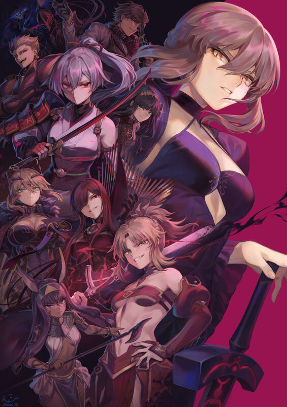 Group of Anime Characters — Purple, Dramatic, Night, Swords