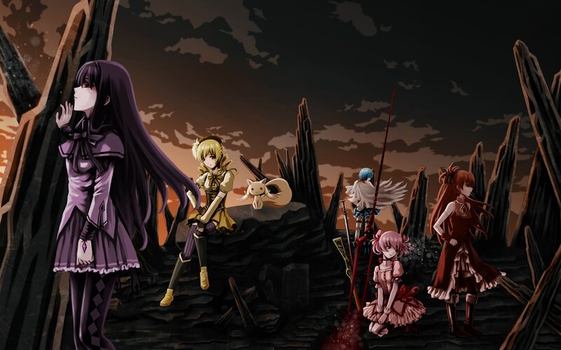 Group of Anime Characters — Purple, Dramatic, Sunset, Fantasy Creatures
